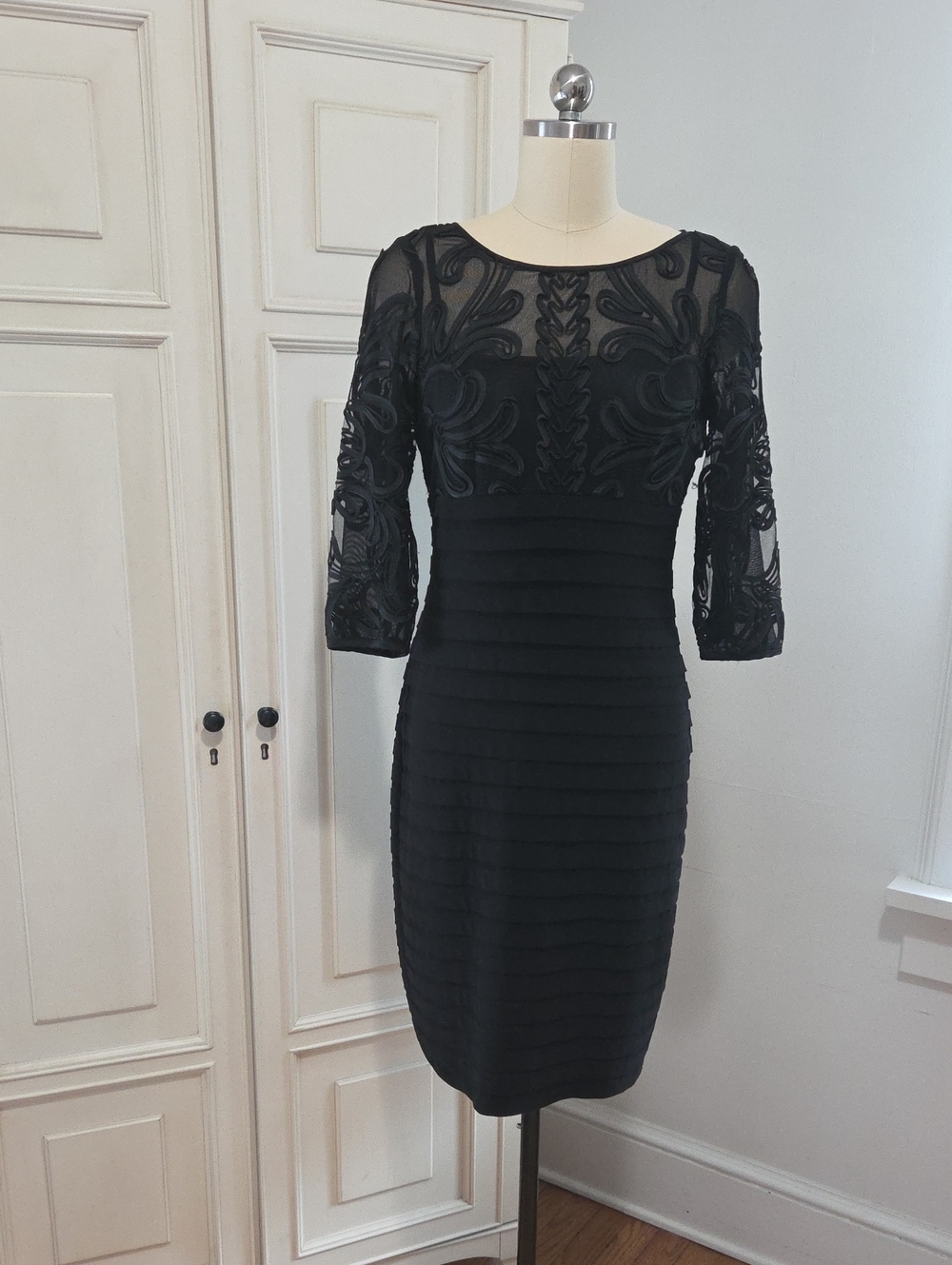 Adrianna Papell Black Embroidered Mesh Sheath Dress with Three-Quarter Sleeves